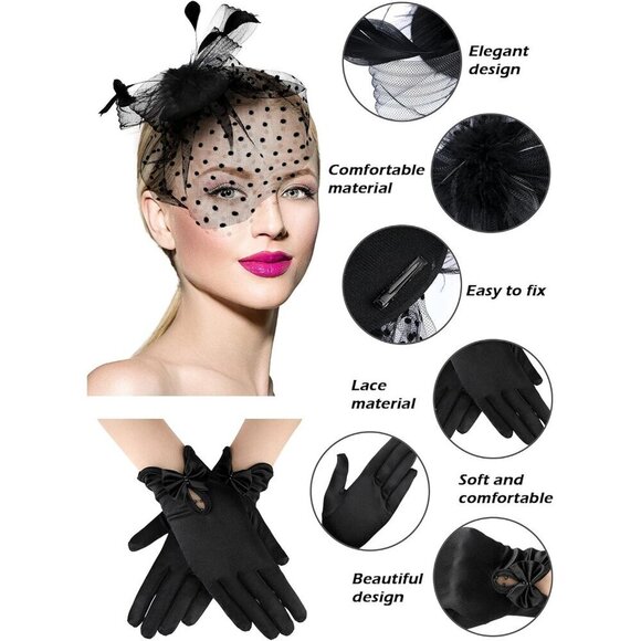 Fascinator Hat Lace Gloves Veil Headpiece for Women Funeral Tea Party Elegant main image 6